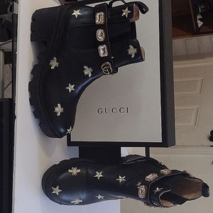 Embroidered leather ankle boot with belt